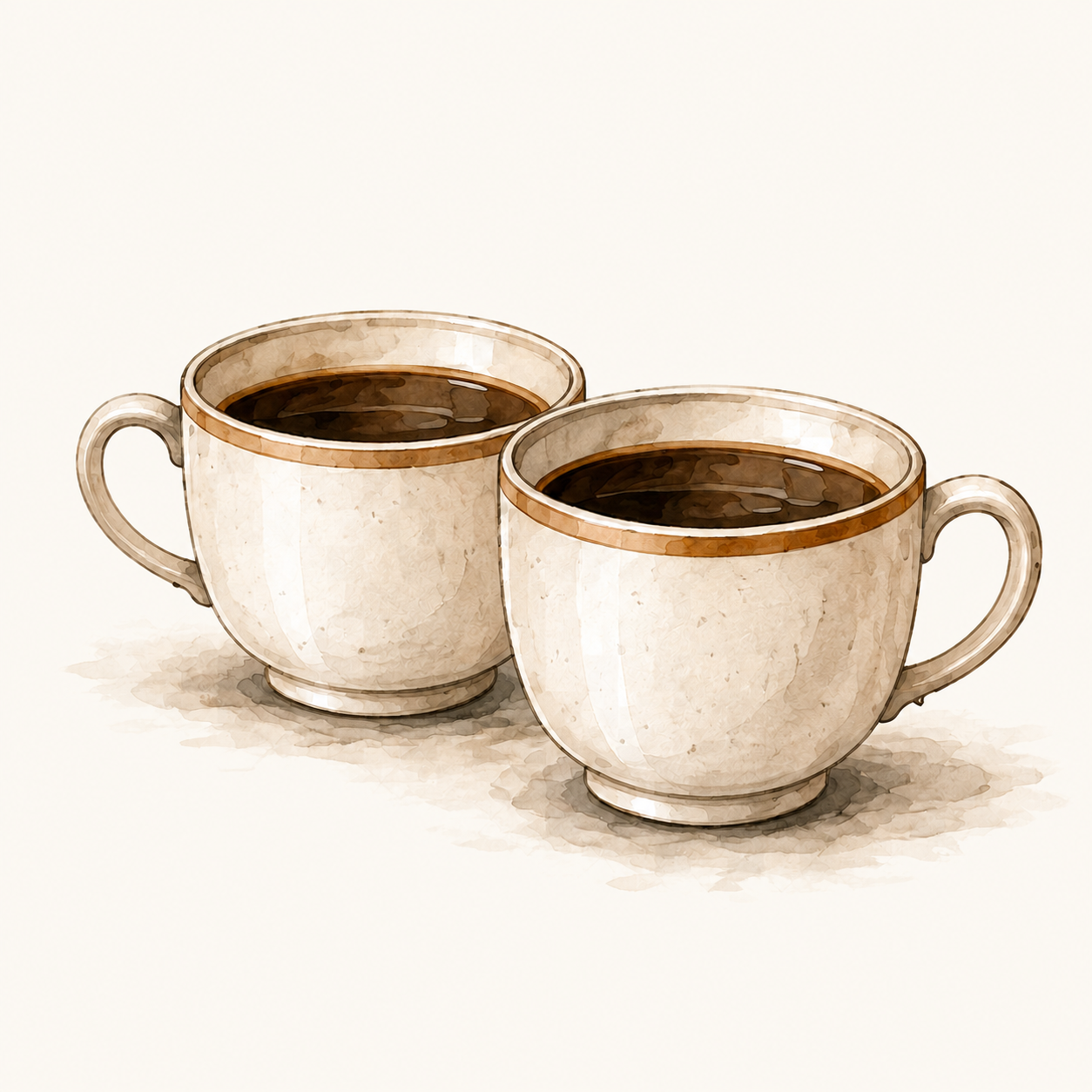 Ink and watercolour illustration of two cream ceramic cups of coffee side by side