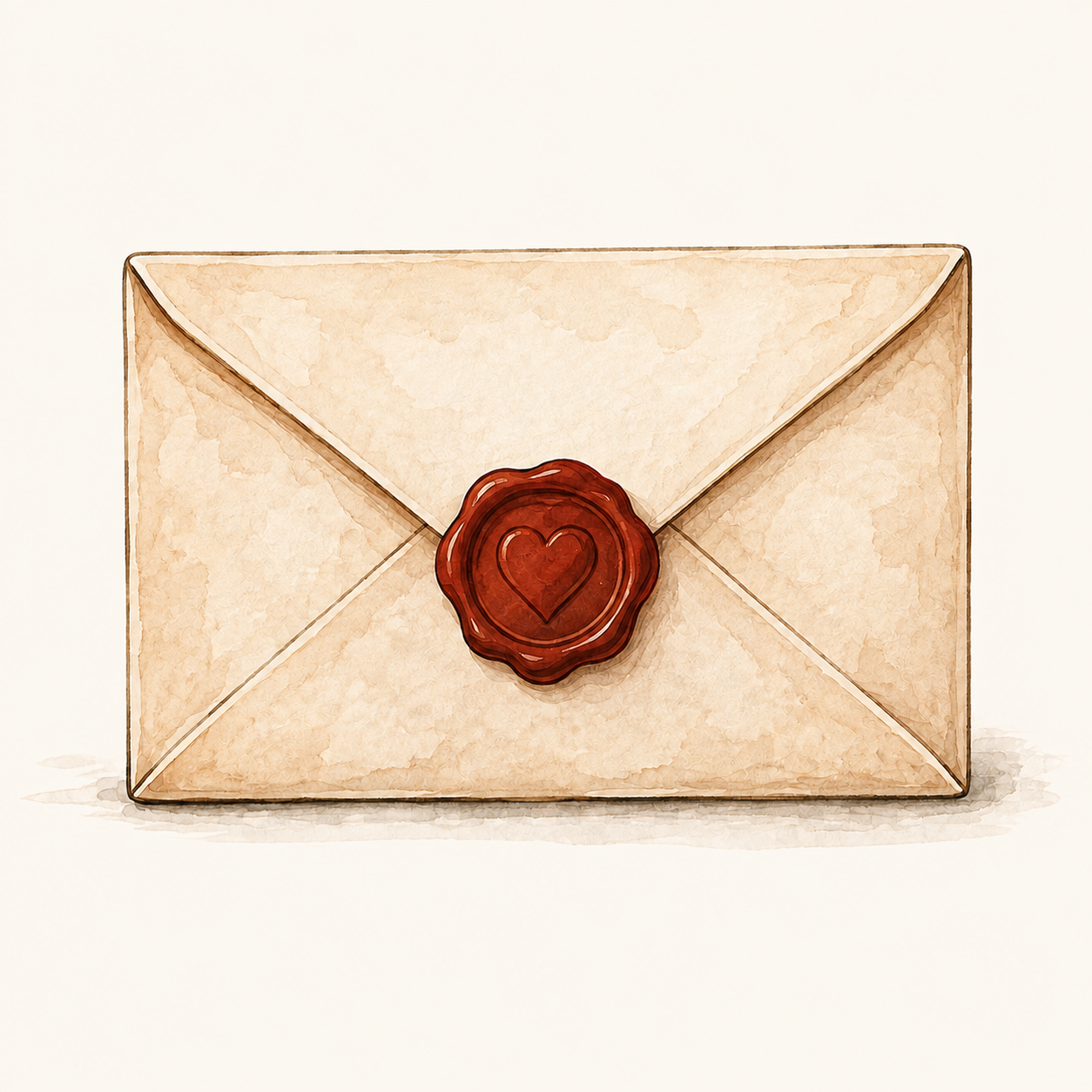 Ink and watercolour illustration of a terracotta envelope closed with a heart wax seal