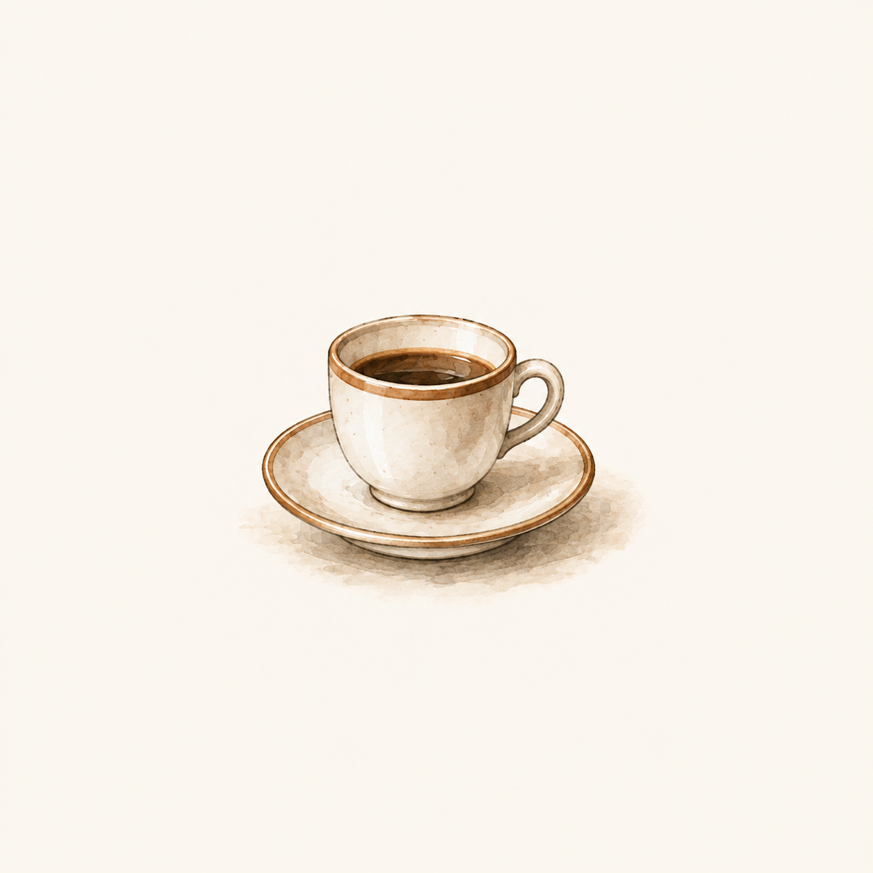 Ink and watercolour illustration of a small ceramic espresso cup on a saucer