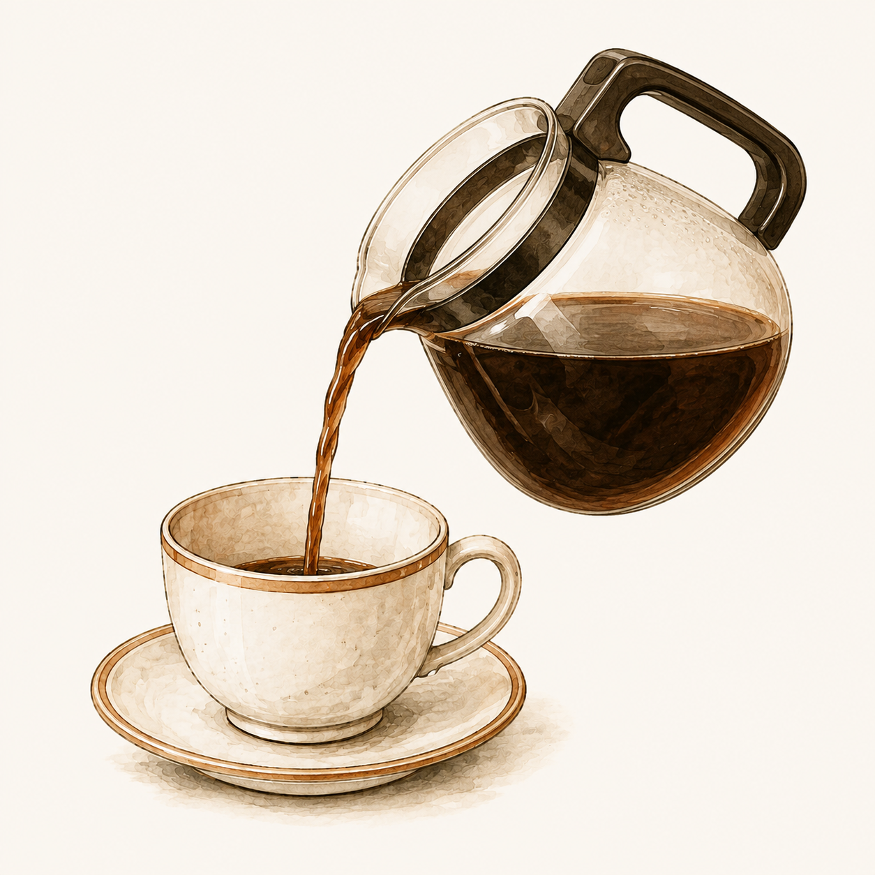 Ink and watercolour illustration of a glass coffee carafe pouring into an almost empty cream cup
