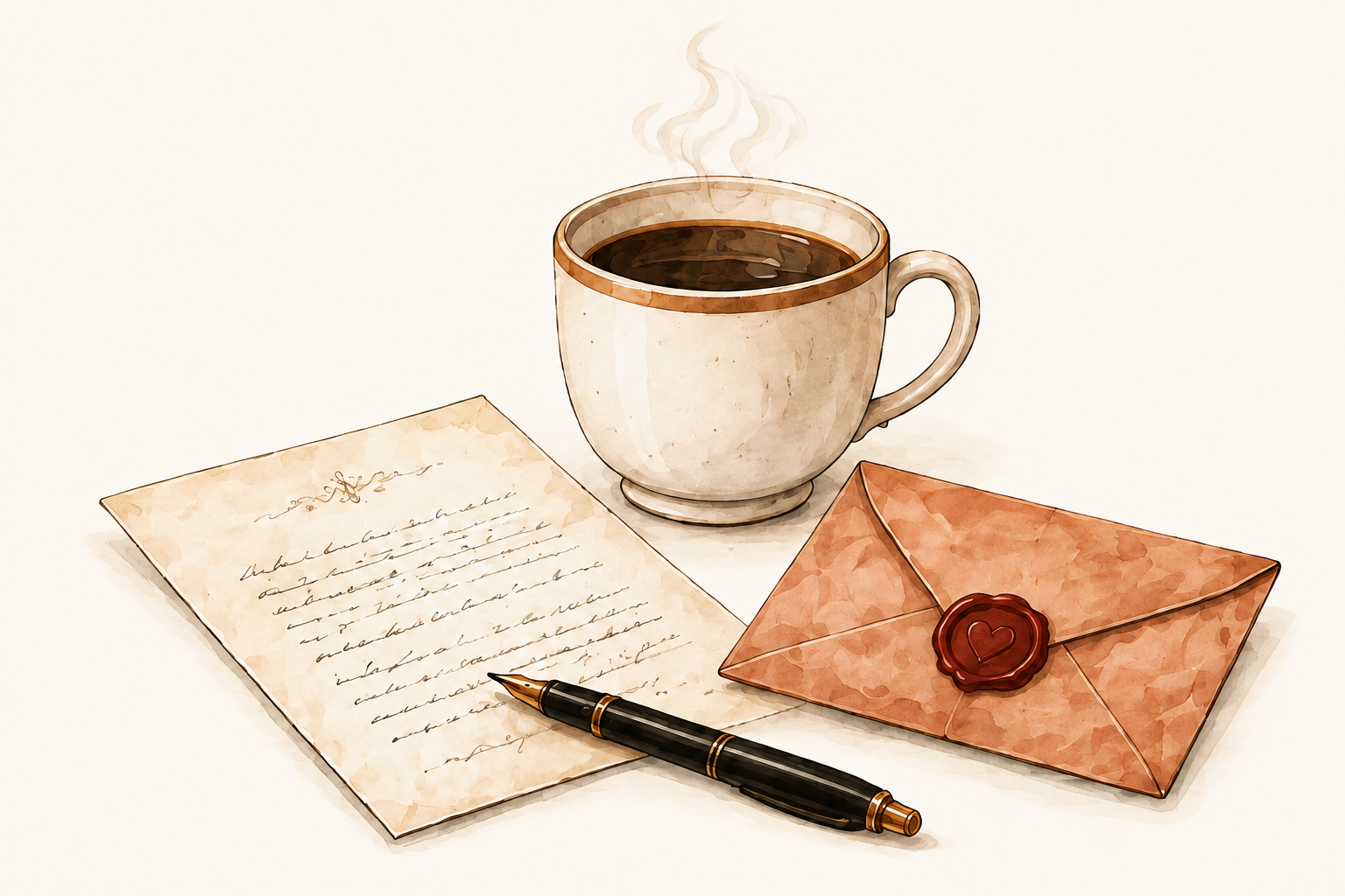 Ink and watercolour illustration of a cup of coffee, a handwritten letter with a fountain pen, and a terracotta envelope closed with a heart wax seal